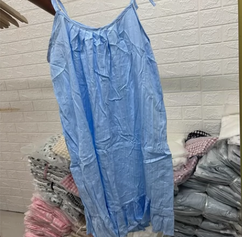 纯棉吊带裙蓝色睡衣女系带可调节家居服睡裙甜...