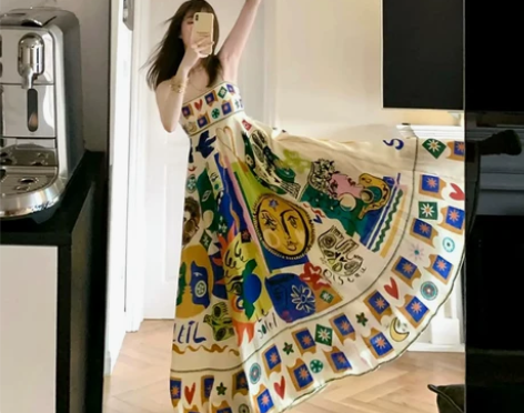 ?复古民族风油画涂鸦印花吊带连衣裙女202...