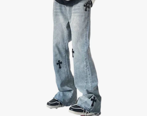 高街ins复古十字架贴布刺绣牛仔长裤女宽松...