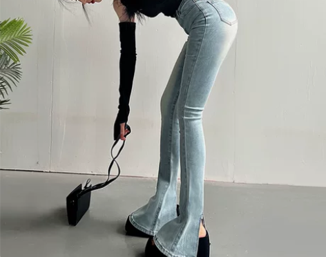 时髦精复古后开叉牛仔马蹄裤女高腰显瘦显腿长...