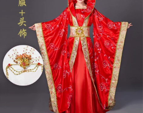 唐朝古装广袖仙女贵妃大拖尾蕾丝绣花汉服婚礼...