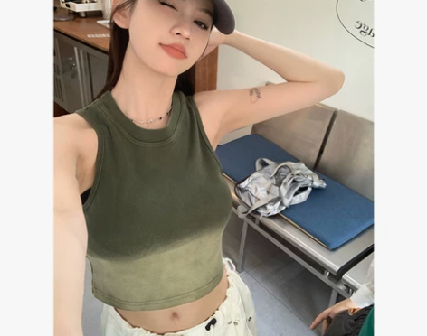 辣妹风渐变无袖背心上衣女夏季新款复古修身显...