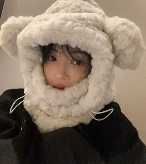 可爱毛绒小熊护耳帽子女冬季加厚加绒口罩围巾...