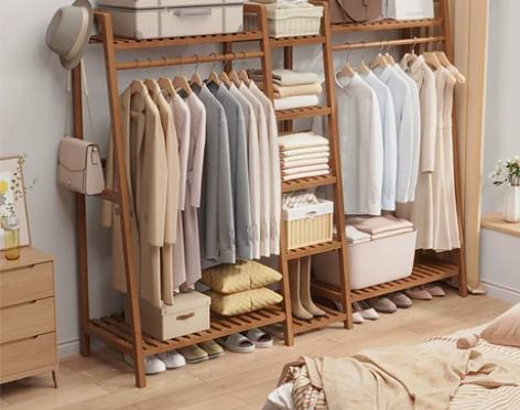 简易落地家用衣柜室内卧室儿童实木衣帽架收纳...