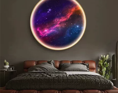 轻奢圆形卧室床头装饰画宇宙星空发光灯画高档...