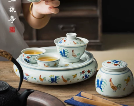 景德镇 斗彩鸡缸杯茶具小套装2人陶瓷家用干...