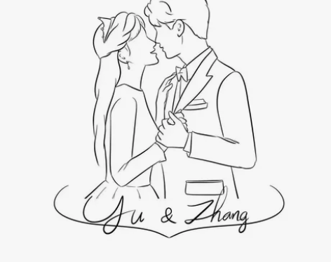 婚礼logo手绘设计人形立牌线条简笔画婚纱...