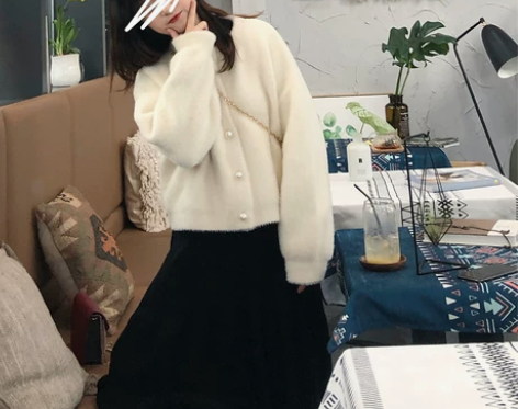 ?丸子定制 白色和咖色水金貂绒外套毛衣女开...