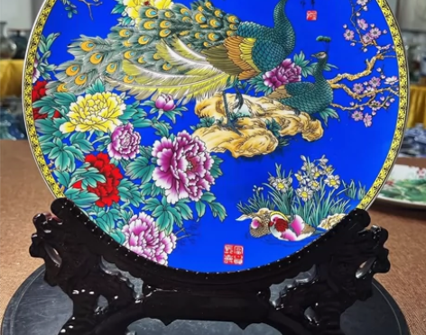 景德镇 陶瓷器 全新孔雀赏盘 挂盘摆盘 富...