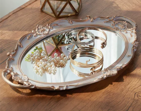 欧式复古镜面托盘梳妆台化妆品收纳盘摆件展示...