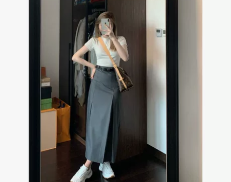 灰色百褶西装裙女夏高腰a字半身裙显瘦百搭中...