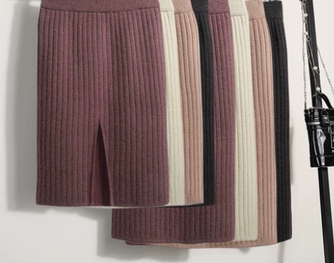 2021秋冬一片式高腰开叉针织半身裙中长款...