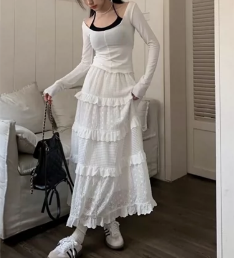 ?白色半身裙女冬季高腰a字裙蛋糕裙温柔风长...