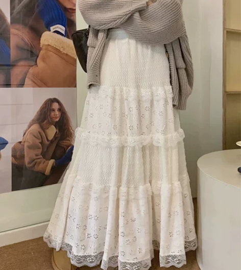 白色芭蕾风半身裙女装春秋蛋糕裙仙女裙蕾丝半...