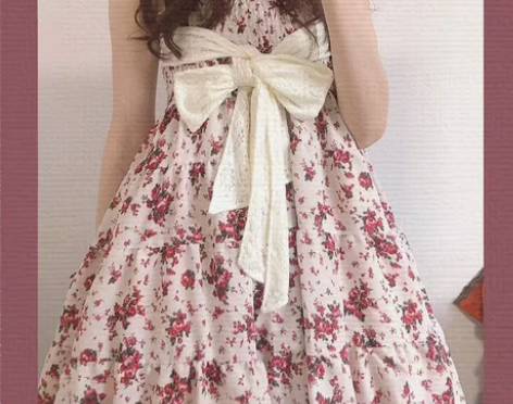 法式甜美花苞吊带连衣裙子收腰超仙女初恋碎花...