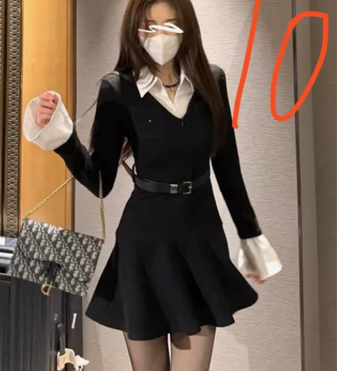 1，黑色长袖假两件针织连衣裙女收腰设计感a...