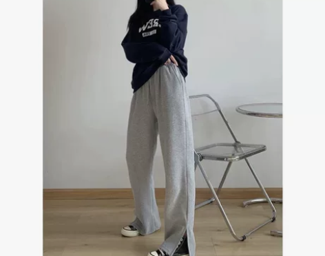灰色侧开叉运动裤女宽松直筒阔腿高腰垂感休闲...