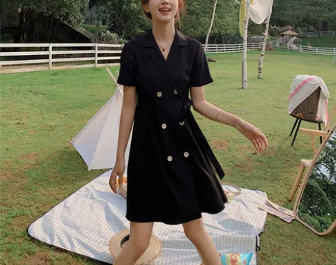西装裙赫本风黑色连衣裙女夏修身收腰显瘦遮肚...