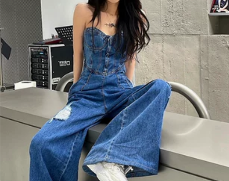 欧美微胖辣妹性感抹胸牛仔连体裤女设计感小众...