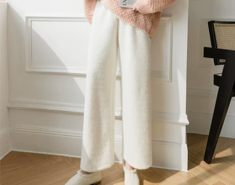 奶白色水貂绒针织阔腿裤女秋冬加厚显瘦高腰垂...