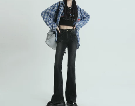 黑灰色高腰微喇牛仔裤女美式复古秋冬显瘦直筒...