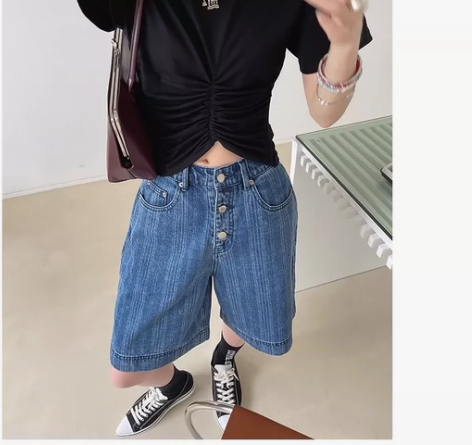 ?MONA 五分裤直筒宽松薄款高腰牛仔短裤...