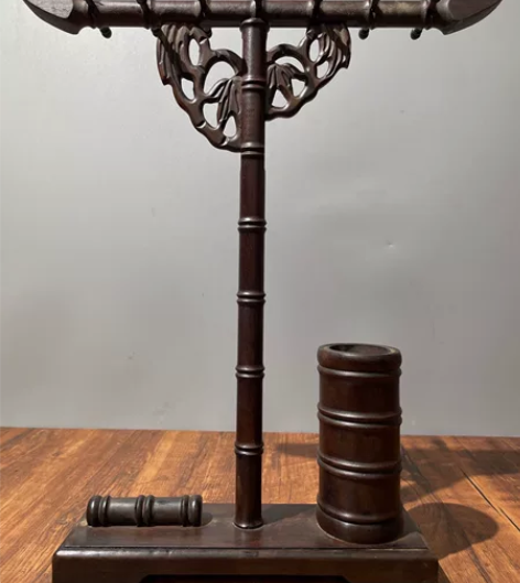 旧藏 黑檀木雕刻竹节笔架笔筒 毛笔架文房摆...