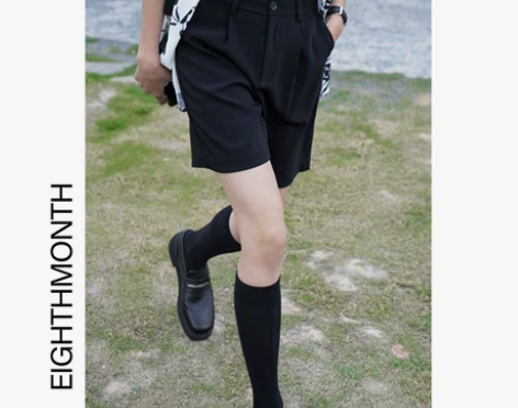 EM八月 西装a字短裤女夏薄款高腰阔腿裤黑...