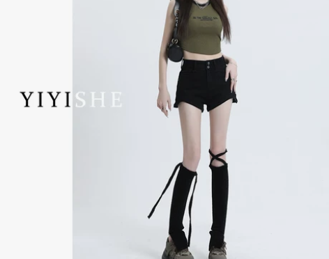 ?黑色牛仔短裤女2023夏季新款高腰辣妹显...