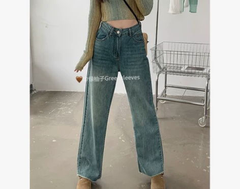 绿柚子【现货】韩系复古蓝高腰牛仔裤阔腿女宽...