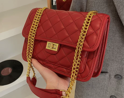 ?红色包包女2023新款时尚百搭菱格链条单...