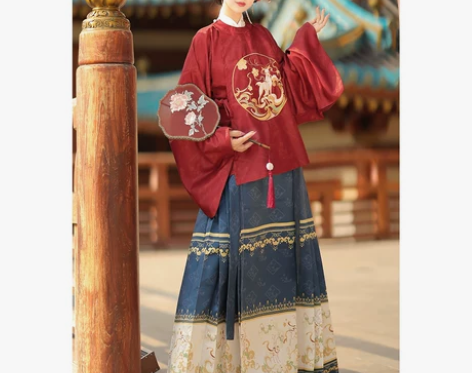 ?原创汉服女麋鹿明制长裙妆花一片式马面裙圆...