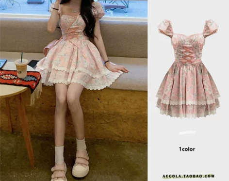 ?裙子女小众设计感法式蝴蝶结网纱泡泡袖粉色...