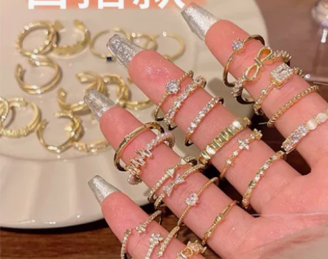 韩国锆石小众爱心戒指轻奢高级感素圈套装食指...