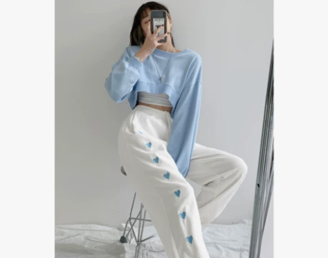 辣妹爱心印花松紧腰运动裤女春秋高腰显瘦抽绳...