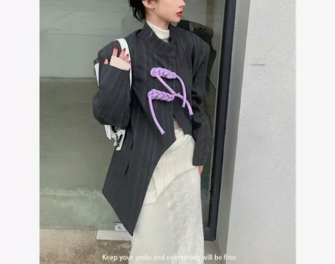 复古风chic时尚女秋高级感灰色条纹不规则...