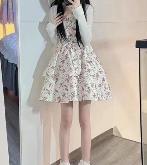 【高品质】奶甜少女碎花吊带连衣裙秋温柔套装...