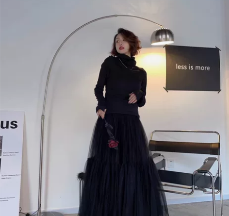 超大摆纱裙超仙网纱拼接A字半身裙秋季新款中...