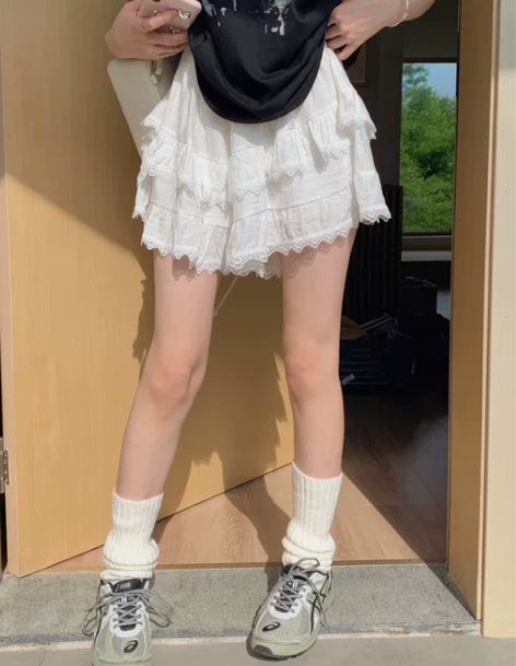 半裙kumikumi重工蕾丝花边白色半身裙...