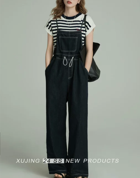 ?宽松显瘦牛仔背带裤女2024夏季新款收腰...