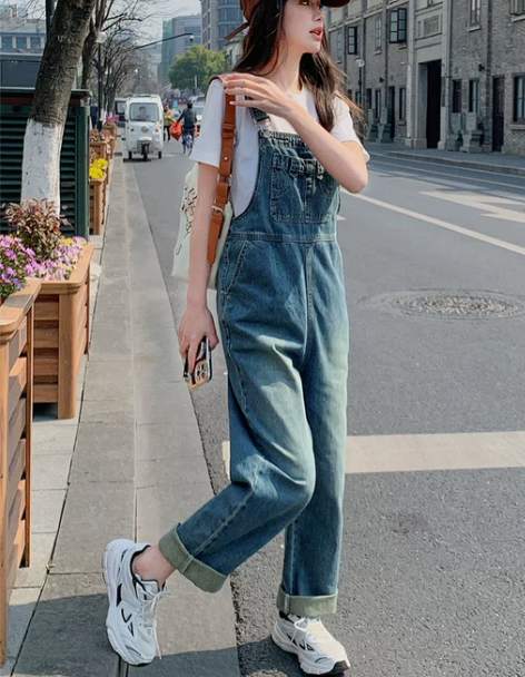 牛仔背带裤女2024春秋新款韩版减龄设计感...