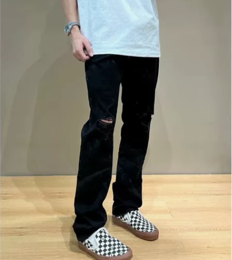高街黑色显瘦弹力百搭休闲宽松长裤破洞牛仔裤...