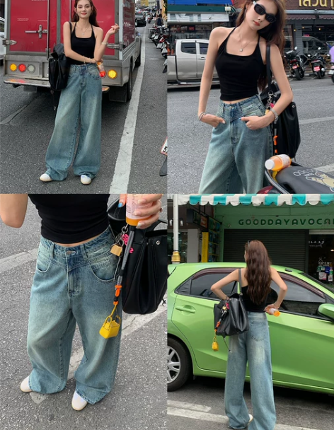 复古蓝直筒宽松牛仔裤女做旧高腰休闲拖地阔腿裤