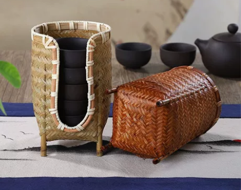 竹编仿古杯架杯篓手工收纳篓茶杯篓品茗杯收纳...