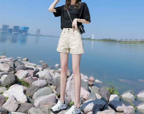 短裤女 短裤女裤杏色牛仔女高腰2022年新...