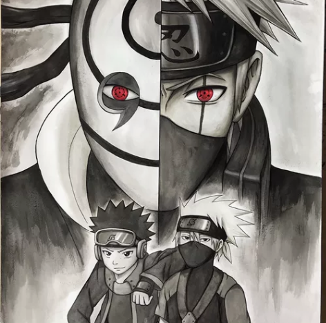 50乘40厘米゛马克笔黑白水墨手绘画火影忍...