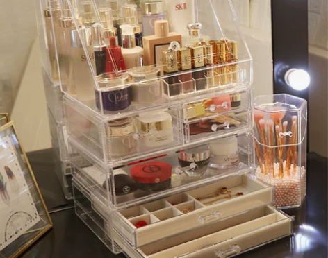 ?网红化妆品收纳盒梳妆台置物架桌面防尘家用...