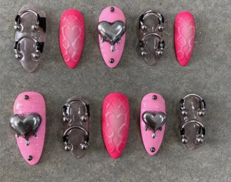 粉色爱心金属 喷枪渐变穿戴甲千禧辣妹美甲原...