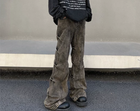 美式vibe风侧边褶皱牛仔裤男ins潮牌高...