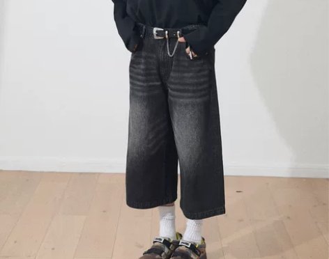 美式黑色牛仔七分裤女夏季复古中裤宽松五分裤...